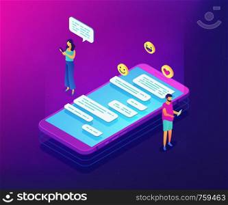 Businessman and woman and chatting conversation on smartphone with emoticons. Messaging application, mobile chat app, messenger mobile soft concept. Ultraviolet neon vector isometric 3D illustration.. Messaging application isometric 3D concept illustration.
