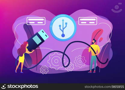 Businessman and woman choosing port to insert cable and USB symbol. USB connection, USB port standard, digital data communications concept. Bright vibrant violet vector isolated illustration. USB connection concept vector illustration.