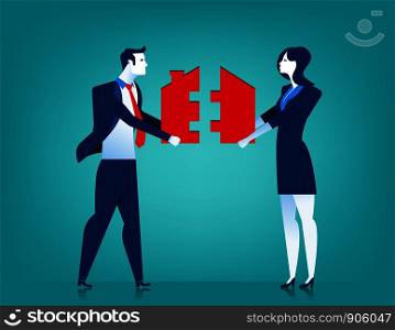 Businessman and woman couple with house jigsaw. Concept business illustration. Vector flat