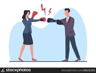 Businessman and woman in boxing gloves fighting each other. Male and female business characters in suit. Confrontation between partner or colleague. Cartoon flat isolated illustration. Vector concept. Businessman and woman in boxing gloves fighting each other. Male and female business characters in suit. Confrontation between partner or colleague. Cartoon flat isolated vector concept