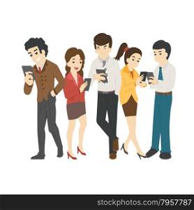 Businessman and woman looking at their phones , social addiction , eps10 vector format