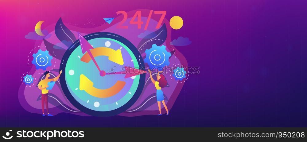 Businessman and woman near huge clock with round arrows working 24/7. 24/7 service, business time schedule, extended working hours concept. Header or footer banner template with copy space.. 24/7 service concept banner header.