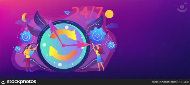 Businessman and woman near huge clock with round arrows working 24/7. 24/7 service, business time schedule, extended working hours concept. Header or footer banner template with copy space.. 24/7 service concept banner header.
