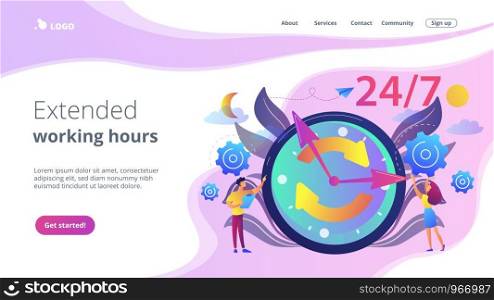 Businessman and woman near huge clock with round arrows working 24 7. 24 7 service, business time schedule, extended working hours concept. Website vibrant violet landing web page template.. 24 7 service concept landing page.