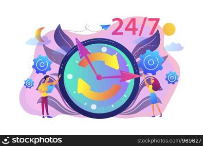 Businessman and woman near huge clock with round arrows working 24 7. 24 7 service, business time schedule, extended working hours concept. Bright vibrant violet vector isolated illustration. 24 7 service concept vector illustration.