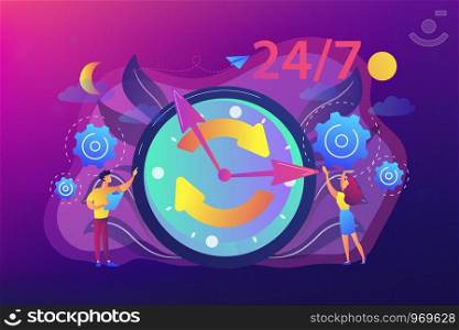 Businessman and woman near huge clock with round arrows working 24 7. 24 7 service, business time schedule, extended working hours concept. Bright vibrant violet vector isolated illustration. 24 7 service concept vector illustration.