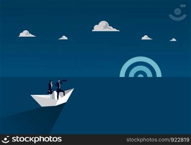 businessman and woman on paper boat with telescope. Symbol of leader, success, ambition, leadership, future.