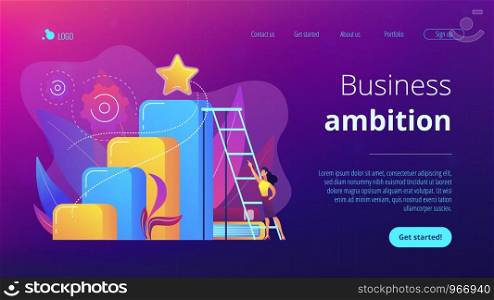Businessman and woman start climbing ladder. Business and career ambition, career aspirations and plans, personal growth concept on white background. Website vibrant violet landing web page template.. Business ambition concept landing page.