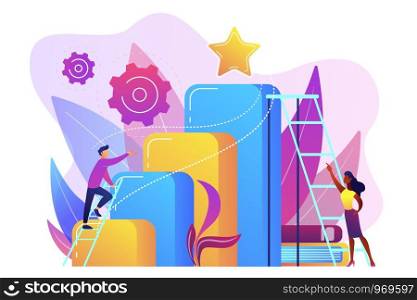 Businessman and woman start climbing ladder. Business and career ambition, career aspirations and plans, personal growth concept on white background. Bright vibrant violet vector isolated illustration. Business ambition concept vector illustration.