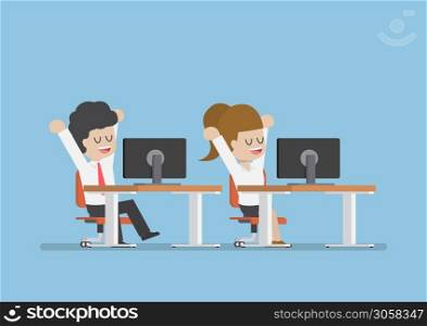 Businessman and Woman Stretching and Relaxing at The Desk, Relax From Business Life Concept