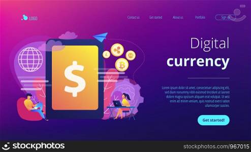 Businessman and woman transfer money with gadgets. Digital currency, cryptocurrency market, e-money transfer and digital money turnover concept. Website vibrant violet landing web page template.. Digital currency concept landing page.