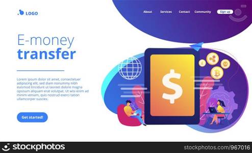 Businessman and woman transfer money with gadgets. Digital currency, cryptocurrency market, e-money transfer and digital money turnover concept. Website vibrant violet landing web page template.. Digital currency concept landing page.