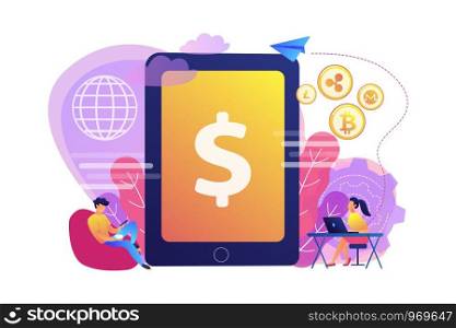 Businessman and woman transfer money with gadgets. Digital currency, cryptocurrency market, e-money transfer and digital money turnover concept. Bright vibrant violet vector isolated illustration. Digital currency concept vector illustration.