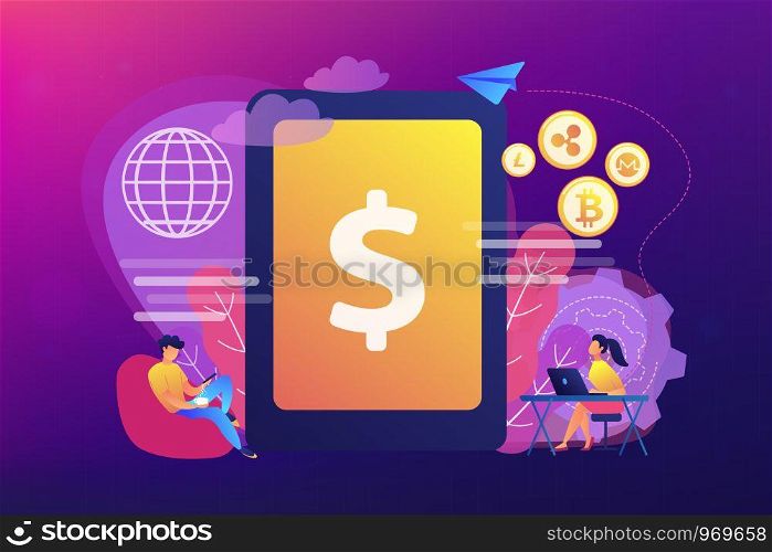 Businessman and woman transfer money with gadgets. Digital currency, cryptocurrency market, e-money transfer and digital money turnover concept. Bright vibrant violet vector isolated illustration. Digital currency concept vector illustration.