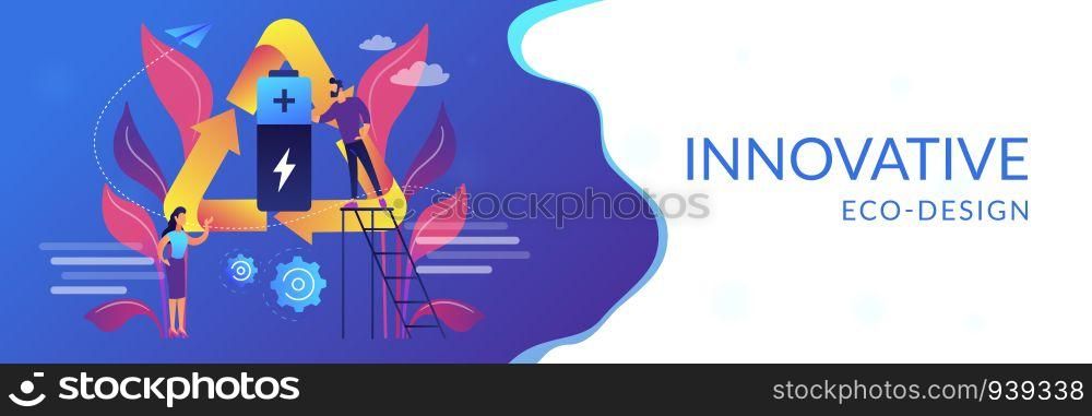 Businessman and woman using battery in recycle symbol. Eco battery, environmentally friendly battery, innovative eco-design concept. Header or footer banner template with copy space.. Eco battery concept banner header.
