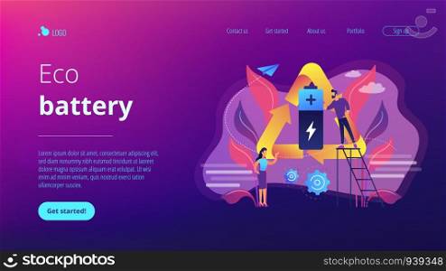 Businessman and woman using battery in recycle symbol. Eco battery, environmentally friendly battery, innovative eco-design concept. Website vibrant violet landing web page template.. Eco battery concept landing page.