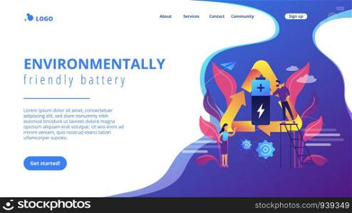 Businessman and woman using battery in recycle symbol. Eco battery, environmentally friendly battery, innovative eco-design concept. Website vibrant violet landing web page template.. Eco battery concept landing page.