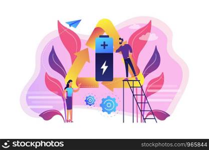 Businessman and woman using eco battery in recycle symbol. Eco battery, environmentally friendly battery, innovative eco-design concept. Bright vibrant violet vector isolated illustration. Eco battery concept vector illustration.