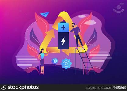 Businessman and woman using eco battery in recycle symbol. Eco battery, environmentally friendly battery, innovative eco-design concept. Bright vibrant violet vector isolated illustration. Eco battery concept vector illustration.