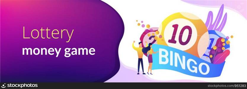 Businessman and woman winners and bingo lottery balls with lucky numbers, tiny people. Lottery money game, lucky raffle ticket, bingo game concept. Header or footer banner template with copy space.. Lottery game concept banner header.