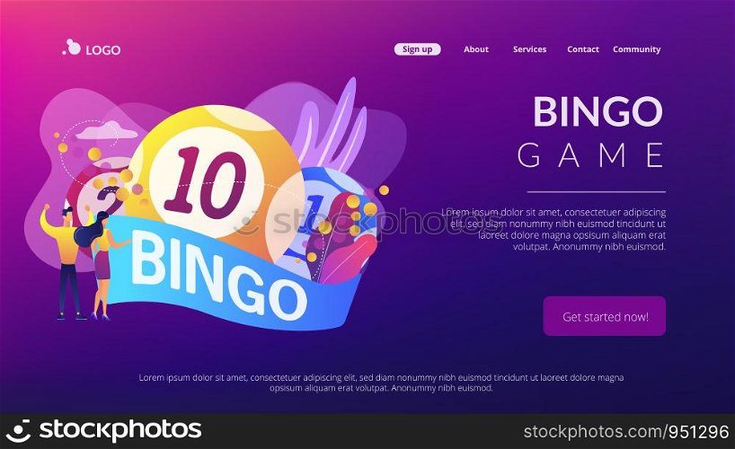 Businessman and woman winners and bingo lottery balls with lucky numbers, tiny people. Lottery money game, lucky raffle ticket, bingo game concept. Website vibrant violet landing web page template.. Lottery game concept landing page.