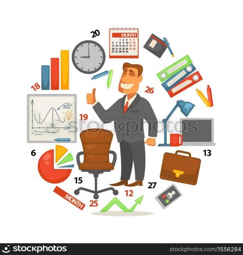 Businessman and work equipment graphics business and finance vector diagrams and charts document folders and office chair laptop and lamp, coffee cup and notebook calendar and clock smartphone. Business equipment businessman and work items graphics and charts