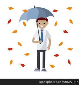 Businessman and yellow leaves. Cartoon flat illustration. Protection from autumn weather and problems. Man in white shirt and red tie stands in rain with blue umbrella. guy in office clothes. Young african man standing in the rain