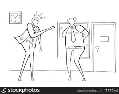 Businessman angry and shouting at his boss, hand-drawn vector illustration. Black outlines and white.