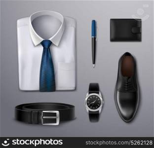 Businessman Apparel Accessories. Businessman apparel accessories shirt pen wallet watch belt and shoe on background realistic isolated vector illustration