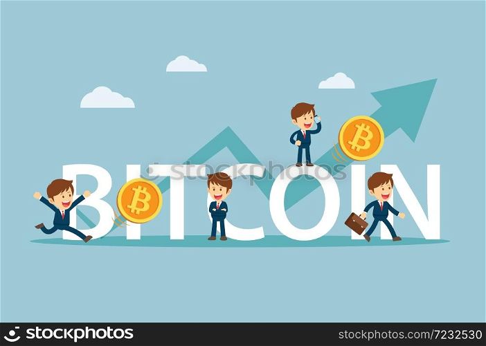 Businessman are happy at the bitcoin prices up. Cryptocurrency market concept. Flat cartoon character design.