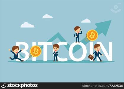 Businessman are happy at the bitcoin prices up. Cryptocurrency market concept. Flat cartoon character design.