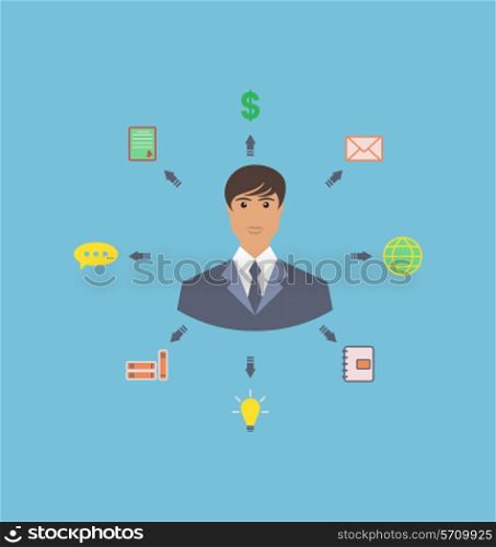 Businessman around icons social media networks and innovation idea use new knowledge make ambitious career flat style - vector
