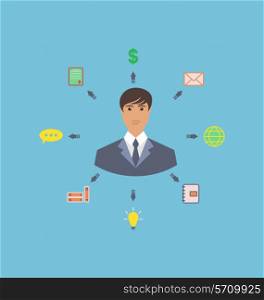 Businessman around icons social media networks and innovation idea use new knowledge make ambitious career flat style - vector