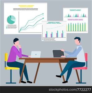 Businessman at laptop and graphics, brokers company vector. Investment rate and stock exchenge statistical data, business and finance, consulting. Broker Company, Businessman at Laptop and Graphics
