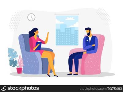 Businessman at psychotherapy session. Business worker stress, businessmen in depression and psychological therapy. Psychiatrist meeting, stressed businessman psychology therapy vector illustration. Businessman at psychotherapy session. Business worker stress, businessmen in depression and psychological therapy vector illustration