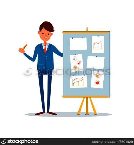 Businessman at seminar, presenter with plan on board vector. Representation of chief executive, boss with charts and diagrams. Presenter with strategy. Businessman at Seminar Presenter with Plan Board
