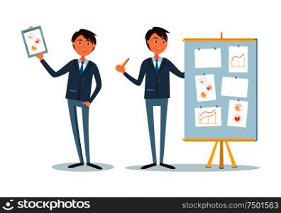 Businessman at seminar, presenter with plan on board vector. Boss holding clipboard with charts and graphs. Chief executive, boss with diagrams vector. Businessman at Seminar Presenter with Plan Board