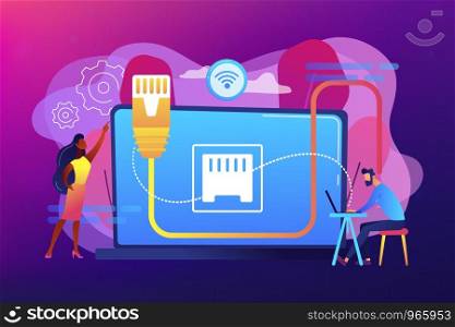 Businessman at table using laptop with ethernet connection. Ethernet connection, LAN connection technology, ethernet network system concept. Bright vibrant violet vector isolated illustration. Ethernet connection concept vector illustration.