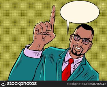 businessman attention gesture index finger up, announcement and advertising concept. a smiling man in a suit. Pop Art Retro Vector Illustration Kitsch Vintage 50s 60s Style. businessman attention gesture index finger up, announcement and advertising concept. a smiling man in a suit