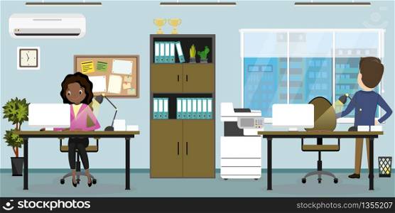 Businessman back view and woman on workplace front view,modern interior of business workspace,window with cityscape view,flat vector illustration