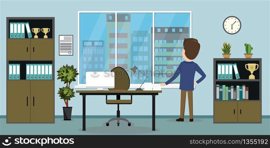Businessman back view,modern interior of business workspace,window with cityscape view,flat vector illustration