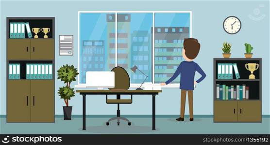 Businessman back view,modern interior of business workspace,window with cityscape view,flat vector illustration
