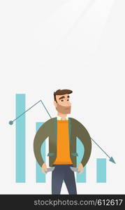 Businessman bankrupt showing empty pockets on the background of decreasing chart. Bankrupt turning his empty pockets inside out. Bankruptcy concept. Vector flat design illustration. Vertical layout.. Bancrupt business man vector illustration.