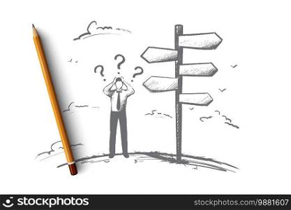 Businessman before choice concept. Hand drawn person had to make a decision. Man has to decide isolated vector illustration.. Businessman before choice concept. Hand drawn isolated vector.
