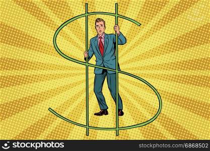 businessman behind bars money. Financial crime. Pop art retro vector illustration. businessman behind bars money
