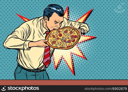 businessman bites pizza. Pop art retro vector illustration. businessman bites pizza