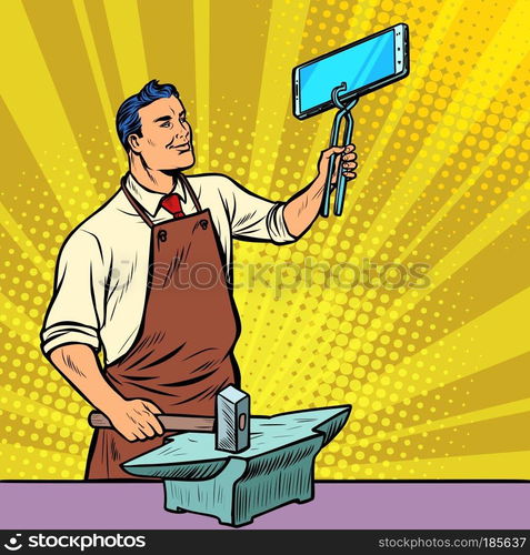 Businessman blacksmith forges smartphone on anvil. Gadgets and technologies. Pop art retro illustration vintage kitsch drawing. Businessman blacksmith forges smartphone on anvil