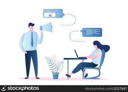 Businessman boss with megaphone and female employee on workplace,business people talking,office communication,speech bubbles with signs,characters in trendy style,vector illustration