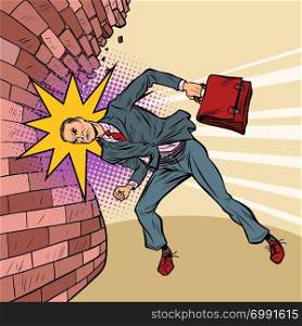 businessman breaks the wall with his head. Pop art retro vector illustration vintage kitsch. businessman breaks the wall with his head