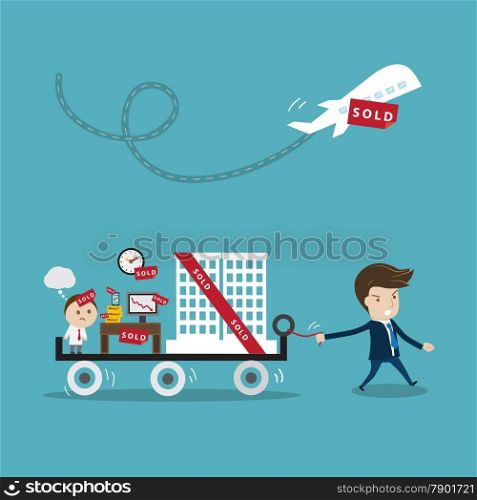 businessman buying another company or business. Vector cartoon for business trading or takeover concept.&#xA;&#xA;